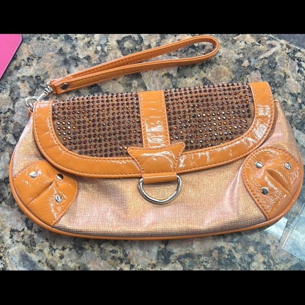 Express Orange Rhinestone Clutch Wristlet Y2K Studded Patent Trim